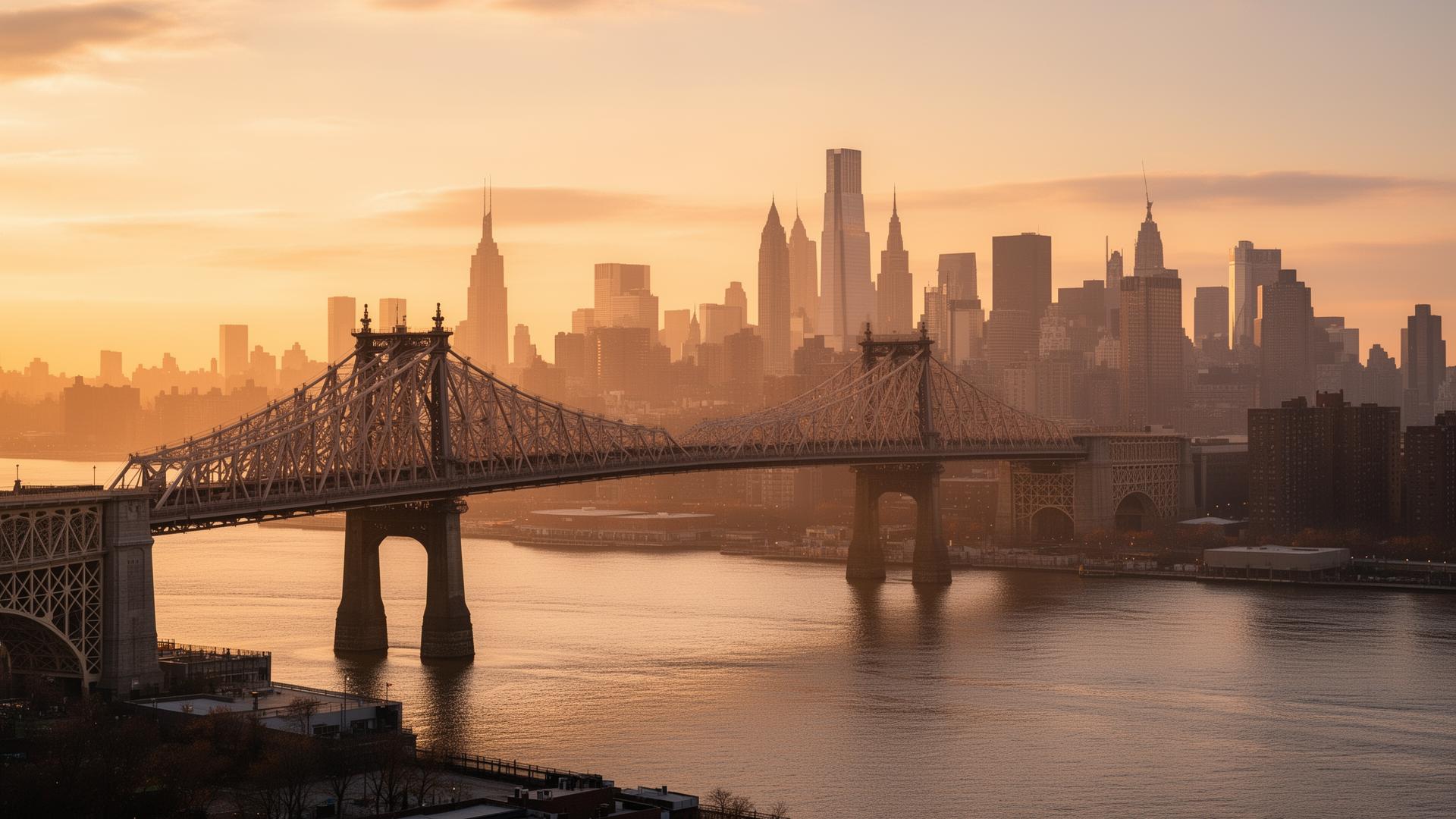Queensboro Bridge with the Manhattan skyline at golden hour